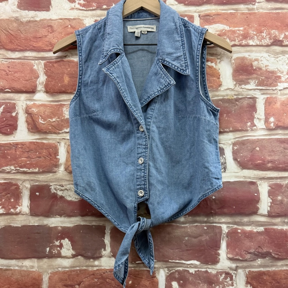 Anthropologie Pilcro Crop Top Womens 4P Blue Chambray Tie Waist Casual Shirt
